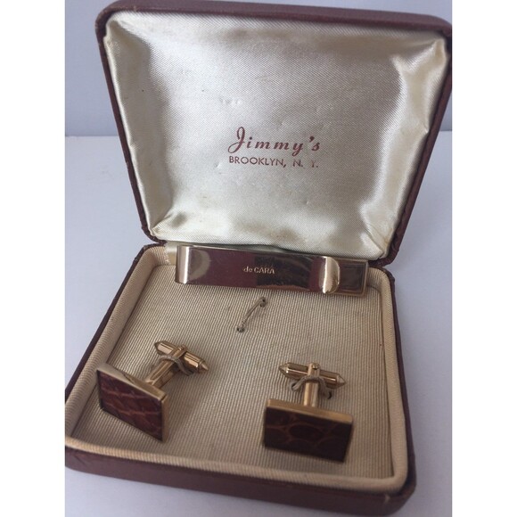 Vtg De Cara Tie Bar cuff links leather faux snakeskin gold tone original case - Picture 3 of 4